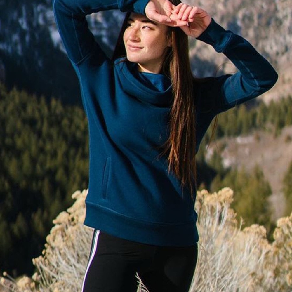 Blue Cowl Neck Sweater with Ribbed Cuffs
